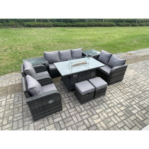Fimous 9 Seater PE Wicker Outdoor Rattan Garden Furniture Set Propane Gas Fire Pit Table and Sofa Chair set with 2 Side Tables 2 Small Footstools