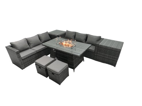 Fimous Rattan Garden Furniture Firepit Dining Set 8 Seater Lounge Sofa Table Set with 2 Small Footstools