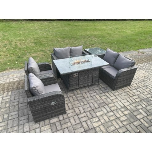 Fimous 6 Seater Rattan Garden Furniture Set Propane Gas Fire Pit Table and Sofa Chair set with Side Table