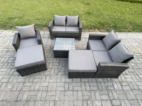Fimous 7 Seater Rattan Outdoor Garden Furniture Sofa Set Table & Chairs with 2 Big Footstool Dark Grey Mixed