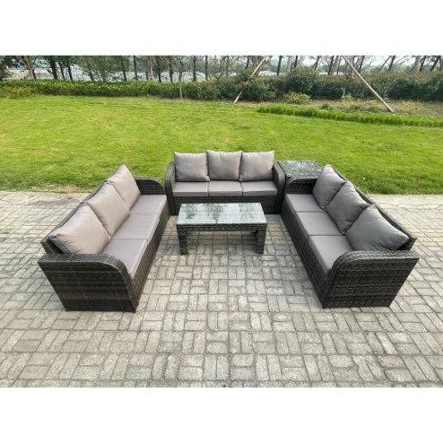 Fimous Outdoor Lounge Sofa Set Rattan Garden Furniture Set with Rectangular Coffee Table Side Table 3 Seater Sofa Dark Grey Mixed