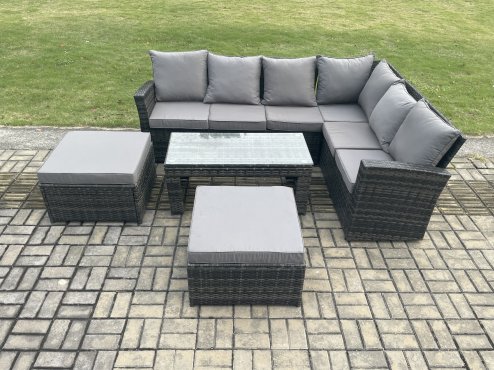 Fimous 8 Seater Wicker PE Outdoor Garden Furniture Set High Back Rattan Corner Sofa Set with 2 Big Footstool Rectangular Coffee Table