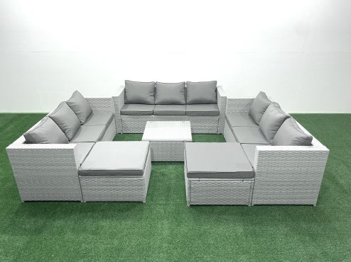 Fimous Rattan Garden Outdoor Furniture Set 11 Seater Rattan Garden Sofa Set with 2 Big Footstools Light Grey Mixed