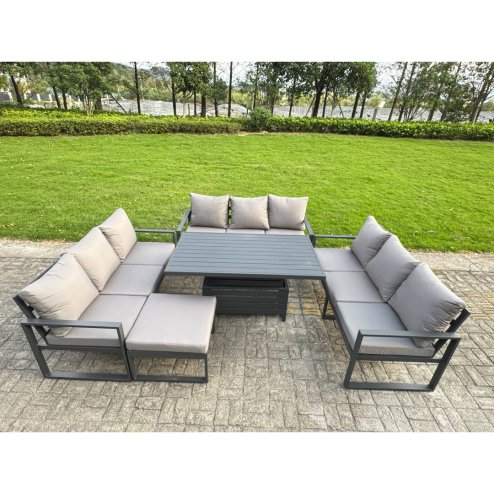 Fimous U-shaped Garden Furniture Set 9-Seater Aluminium Outdoor Dining Set with Adjustable Rising Lifting Dining Table 2 Side Tables Dark Grey