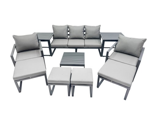 Fimous Outdoor Garden Furniture Set Aluminium Lounge Sofa Square Coffee Table Sets with 4 Stools 2 Side Tables Dark Grey