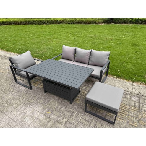 Fimous Aluminium Garden Furniture Set 5 Piece Aluminium Lounge Seating Adjustable Rising Lifting Dining Table Set with Cushions 2 Side Tables Dark Grey