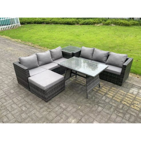 Fimous 7 Seater Rattan Garden Dining Set Outdoor Furniture Sofa with Dining Table Big Footstool Side Table Dark Grey Mixed