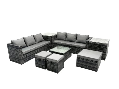 Fimous Outdoor Rattan Garden Furniture Set 9 Seater Patio Lounge Sofa Set with Square Coffee Table 2 Side Table 3 Footstools Dark Grey Mixed