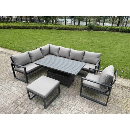Fimous Aluminium Garden Furniture Sets,7 Seater Outdoor Conversational Dining Set with Adjustable Rising Lifting Dining Table Cushions for Yard,Poolside, Patio, Dark Grey