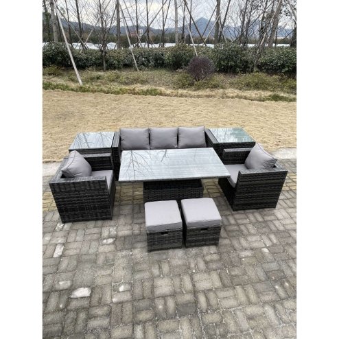 Fimous Rattan Garden Furniture Adjustable Rising Lifting Dining Table Sofa Set Chairs 2 Side Coffee Tables with 2 Stools