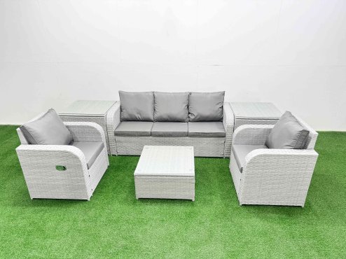 Fimous PE Rattan Garden Furniture Set Reclining Chair Sofa Lounge Sofa Set Square Coffee Table 2 Side Table Light Grey
