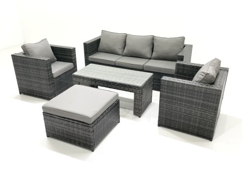 Fimous Rattan Garden Furniture Set Outdoor Lounger Sofa with Coffee Table 2 Armchair Big Footstool Dark Grey Mixed