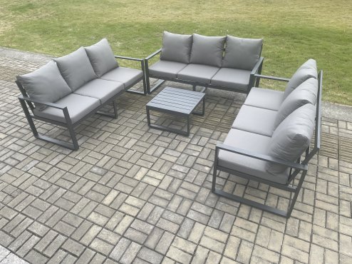 Fimous Aluminium 9 Seater Outdoor Garden Furniture Set Patio Lounge Sofa with Square Coffee Table Conservatory Set Dark Grey
