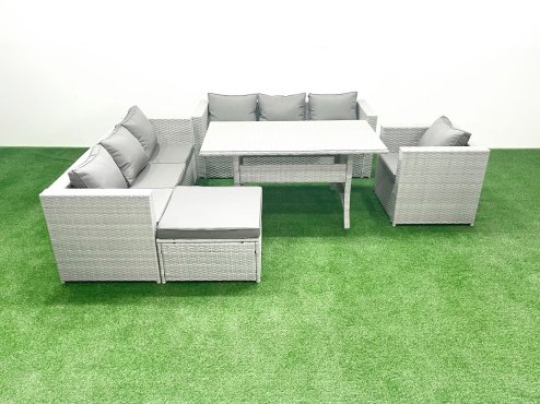 Fimous 5 Pieces Outdoor Rattan Sofa Set with Cushions Patio Garden Furniture Sets with Armchair Dining Table Big Footstool
