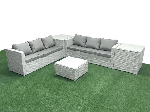 Fimous Rattan Garden Outdoor Furniture Set 6 Seater Rattan Garden Sofa Set with 2 Side Tables Light Grey Mixed