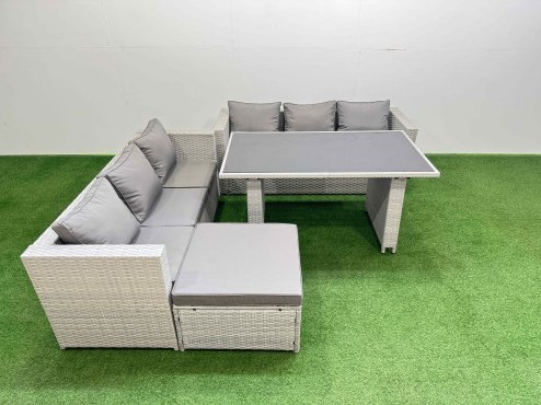Fimous Rattan Garden Furniture Dining Set 7-seater Patio Rectangular Table Sofa Set with Big Stool Light Grey