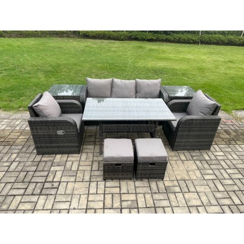 Fimous 7 Seater Rattan Outdoor Garden Furniture Set Rectangular Dining Table and Chair Sofa Set With 2 Side Tables 2 Small Footstools Dark Grey Mixed