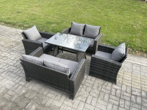 Fimous Rattan Garden Furniture Set 6 Seater Patio Outdoor Lounge Sofa Set with Rectangular Dining Table Love Seat Sofa Dark Grey Mixed
