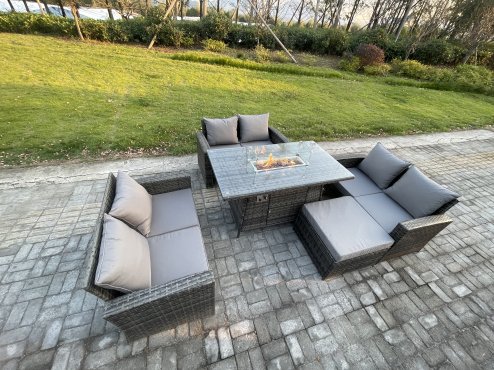 Fimous Outdoor Garden Dining Sets 7 Seater Rattan Patio Furniture Sofa Set with Gas Firepit Table Double Seat Sofa Big Footstool Dark Grey Mixed