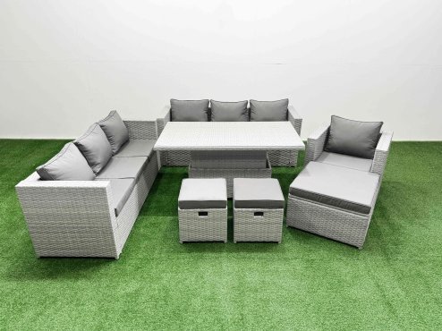 Fimous 6 PCs Rising Dining Table Set Rattan Furniture Set with 3 Seater Sofa Chair 3 Footstools Light Grey