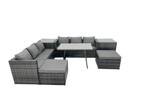 Fimous Rattan Dining Table Sofa Set with 2 Side Tables 2 Big Footstools Outdoor Garden Furniture Set Dark Grey Mixed