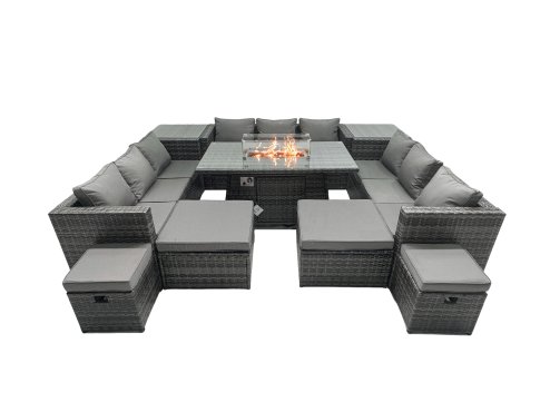Fimous Rattan Garden Furniture Firepit Dining Set 13 Seater Lounge Sofa Table Set with 4 Footstools 2 Side Tables