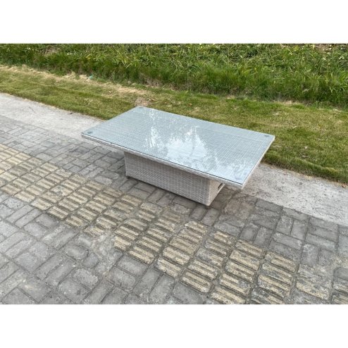 Fimous PE Wicker Rattan Garden Furniture Adjustable Rising Dining or Coffee Table In Light Grey Mixed With Clear Tempered Glass Semi Assembled