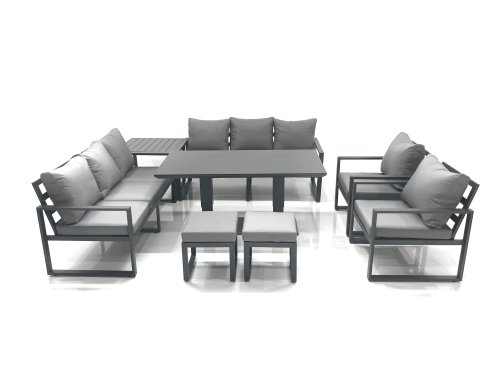 Fimous Garden Sofa Set Aluminium Furniture Rising Dining Tabe Set with 2 Chair 2 Small Footstools Side Table Dark Grey