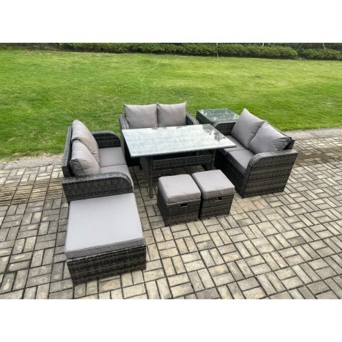 Fimous 9 Seater Outdoor Rattan Garden Furniture Set with Patio Rectangular Dining Table Love Sofa Side Table 3 Footstools Dark Grey Mixed