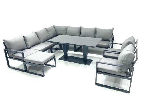 Fimous 10 Seater Outdoor Aluminum Garden Furniture Set Corner Sofa Big Footstool 2 Chairs Adjustable Rising Lifting Dining Table Sets Dark Grey