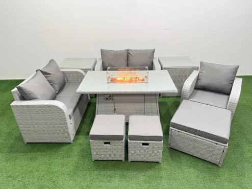 Fimous High Back Poly Rattan Garden Furniture Set with Reclining Chair Loveseat Sofa Firepit Dining Table Indoor Outdoor Patio Set 3 Stools 2 Side Table Light Grey