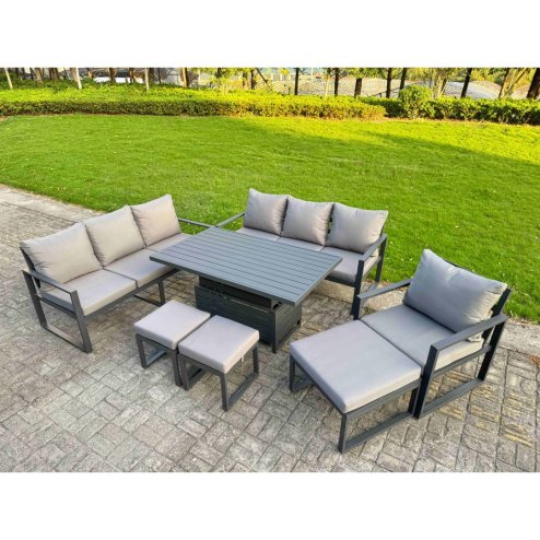 Fimous Garden Aluminium Furniture Set Dark Grey 9 Seater Outdoor Patio Adjustable Rising Lifting Dining Table with 2 Big Footstools 2 Side Tables Dark Grey