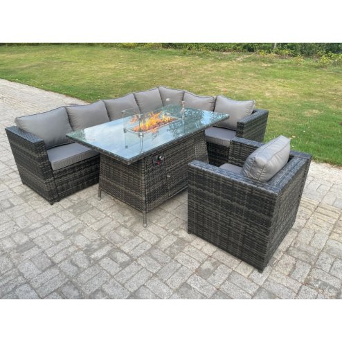 Fimous Outdoor Rattan Garden Corner Furniture Gas Fire Pit Dining Table Gas Heater Sets Lounge Chair Dark Grey 7 Seater