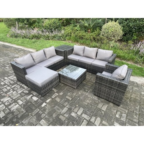 Fimous Rattan Garden Furniture Sofa Set with Armchair Side Table Square Coffee Table Big Footstool Indoor Side Table Outdoor 8 Seater Rattan Set Dark Grey Mixed