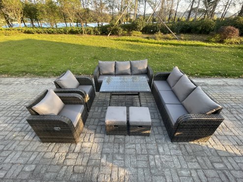 Fimous 10 Seater Rattan Outdoor Garden Furniture Sofa Set Patio Table & Chairs Set with 3 Seater Sofa Rectangular Dining Table 2 Small Footstool Dark Grey Mixed