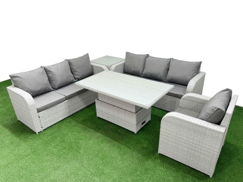 Fimous 7 Seater Poly Rattan Outdoor Garden Furniture Adjustable Lifting Dining or Coffee Table Sofa Set Patio 3 Seater Sofa Reclining Chair 3 Seater Sofa Side Table Light Grey
