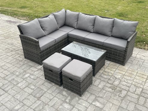 Fimous Rattan Lounge Corner Sofa Set Wicker PE Outdoor Garden Furniture Set with Rectangular Coffee Table 2 Small Footstools Dark Grey Mixed