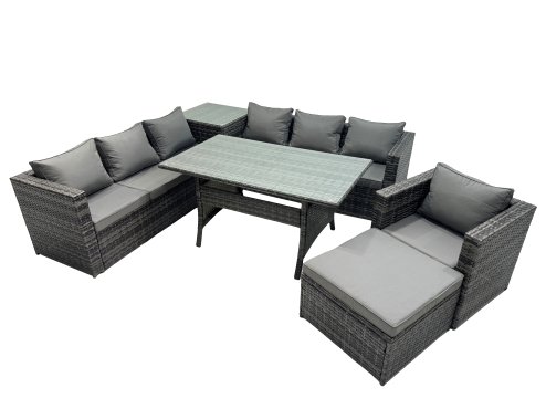 Fimous 8 Seater Outdoor Corner Sofa Chair Dining Table Set Garden Rattan Furniture Set with Side Table Big Stool Dark Grey