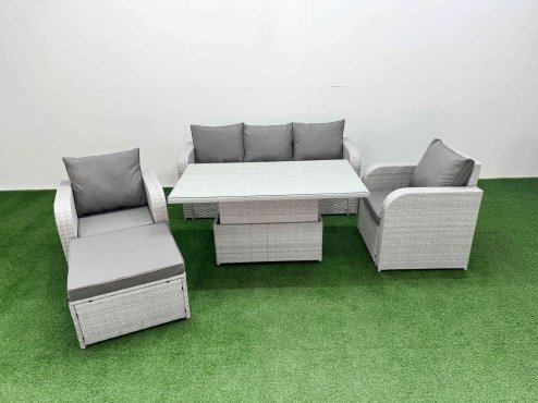 Fimous PE Rattan Garden Furniture Set Reclining Chair Sofa Lounge Sofa Set Adjustable Lifting Dining or Coffee Table Big Footstool Light Grey