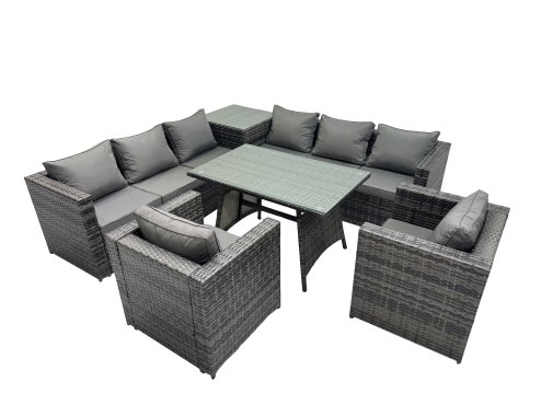 Fimous Outdoor Corner Sofa Chair Dining Table Set Garden Rattan Furniture Set 8 Seater with Side Table Dark Grey