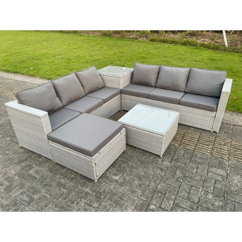 Fimous 7 Seater PE Wicker Light Grey Rattan Garden Corner Furniture Sofa Sets Outdoor Patio Furniture Big Footstool Coffee Table