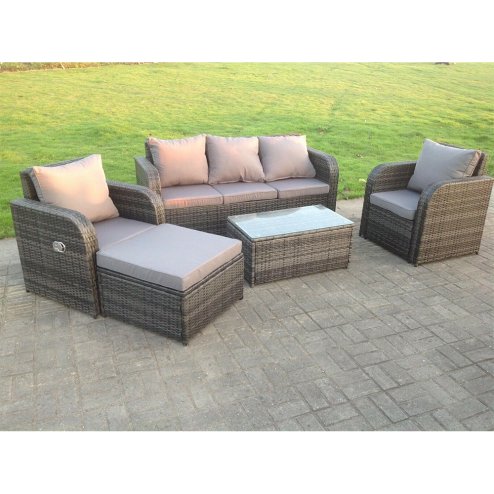 Fimous Dark Grey Mix PE Wicker Rattan Garden Furniture Set Sofa Set Reclining Adjustable Chair 6 Seater Oblong Coffee Table