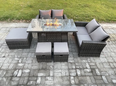 Fimous 7 Seater Rattan Garden Furniture Set Outdoor Lounge Sofa Chair Gas Fire Pit Dining Table Set With 3 Footstools Double Seat Sofa
