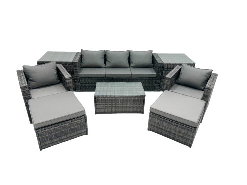 Fimous Outdoor Coffee Table Sofa Armchair Set with 2 Side Tables 2 Big Stools Garden Furniture Set Dark Grey Mixed