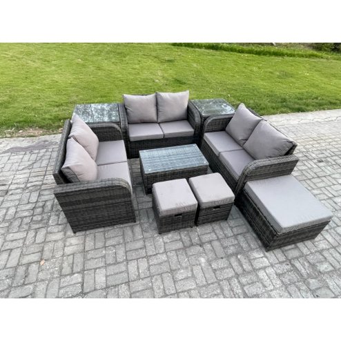 Fimous Wicker PE Rattan Garden Furniture Set Outdoor Lounge Sofa Set with Love Sofa Coffee Table 2 Side Tables 3 Footstools Dark Grey Mixed
