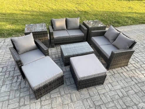 Fimous Rattan Garden Furniture Set 7 Seater Patio Outdoor Lounge Sofa Chair Set with Rectangular Coffee Table 2 Big Footstool 2 Side Tables Dark Grey Mixed