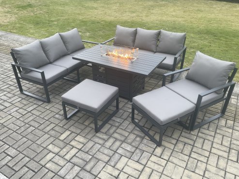Fimous Aluminium 6 Pieces Garden Furniture Sofa Set with Cushions 9 Seater Gas Fire Pit Dining Table Set with 2 Big Footstools Dark Grey