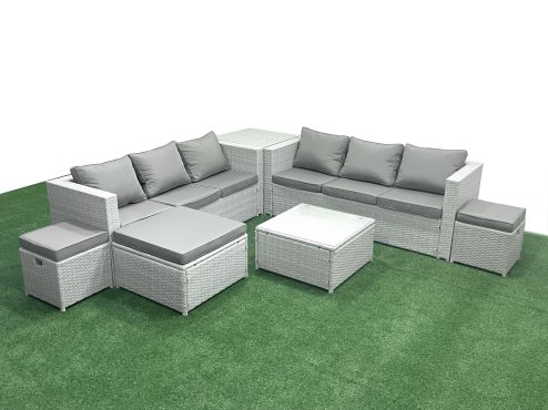 Fimous Rattan Garden Outdoor Furniture Set 9 Seater Rattan Garden Sofa Set with 3 Footstools Side Table Light Grey Mixed