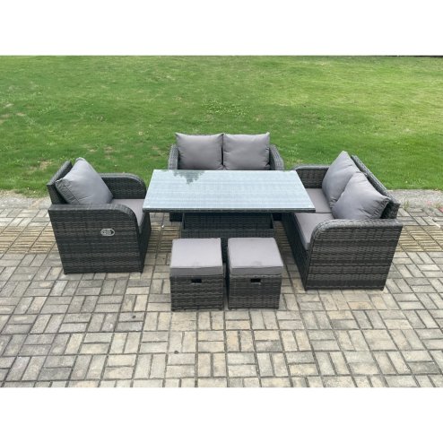 Fimous Wicker PE Rattan Furniture Garden Dining Set Outdoor Height Adjustable Rising lifting Table Love Sofa With Reclining Chair 2 Small Footstools