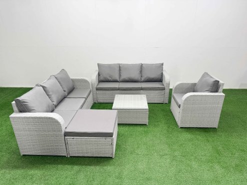 Fimous 8 Seater Poly Rattan Outdoor Garden Furniture Square Coffee Table Sofa Set Patio 3 Seater Sofa Reclining Chair 3 Seater Sofa Big Footstool Light Grey